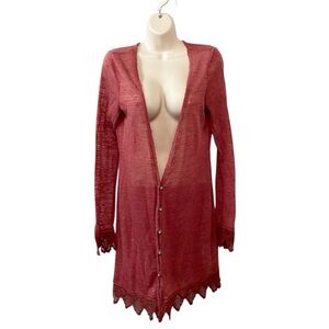 Free People Med Linen Blend Button Slubby Knit‎ Crochet Lightweight Cardigan